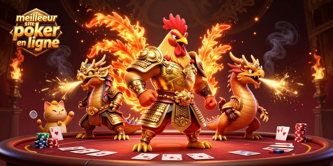 Jouer sur le meilleur site poker en ligne avec un combattant en armure et des éléments de cartes.