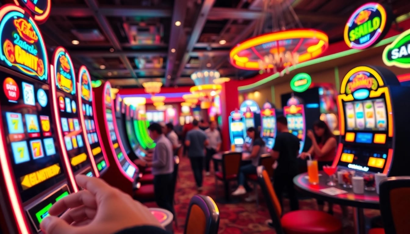 Bermain slot online resmi dengan antusias di kasino yang ramai dan berwarna-warni.