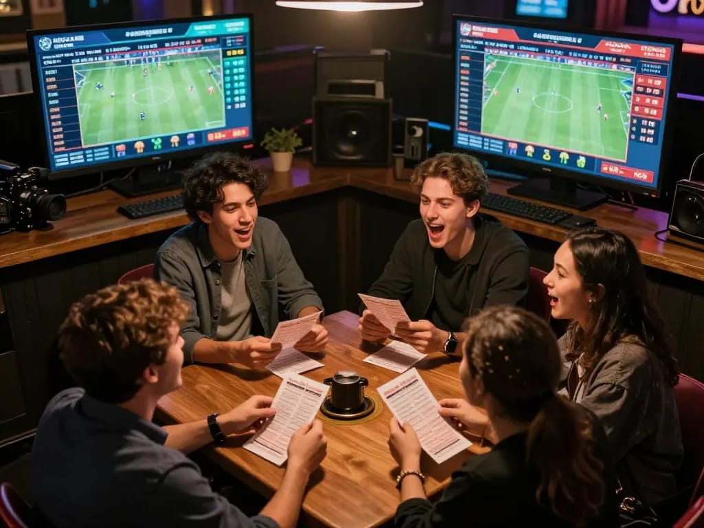Engaged friends cheering for kqbd sports betting at a lively event with multiple screens and betting slips.