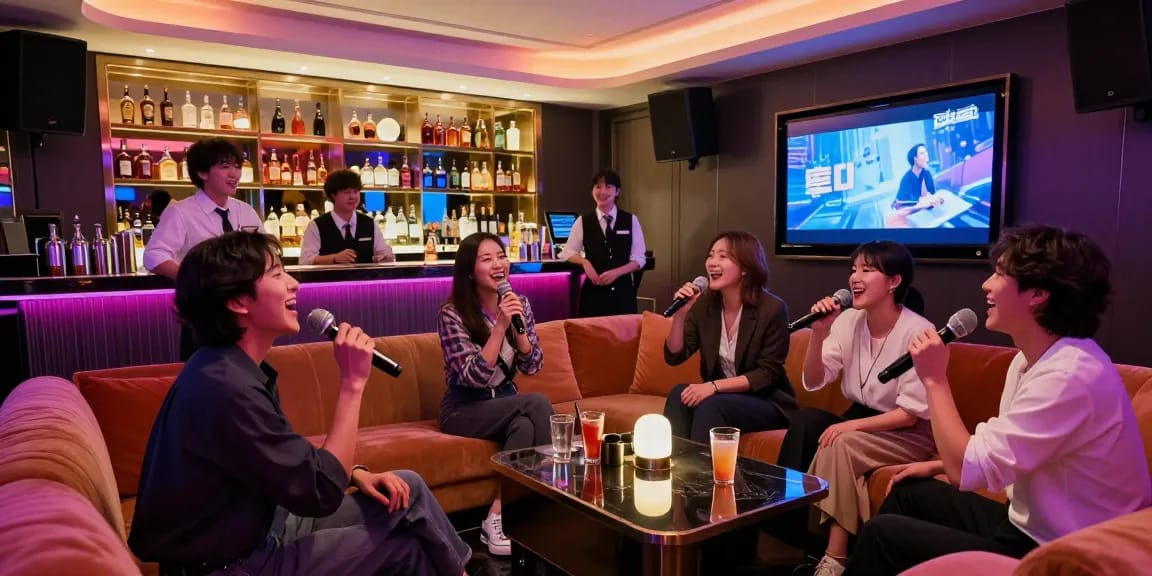 강남 가라오케에서 친구들과 즐거운 시간을 보내는 모습, 화려한 조명과 고급 음료가 어우러진 유흥 공간