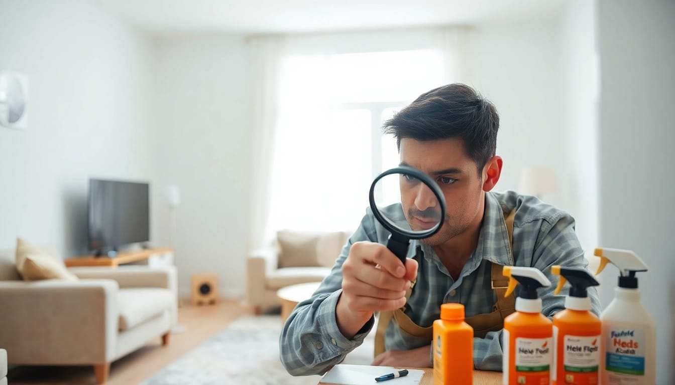 Expert conducting affordable bed bug treatment inspection in a tidy living area.