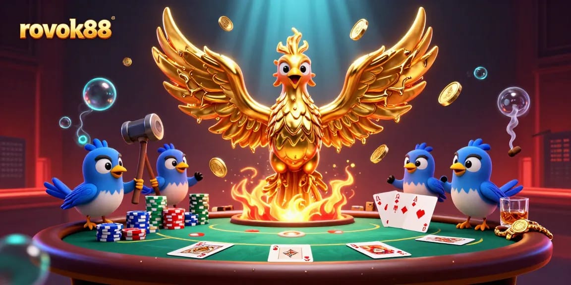 rokok88 showcases an electrifying casino scene with a molten phoenix and vibrant poker elements, creating action and excitement.