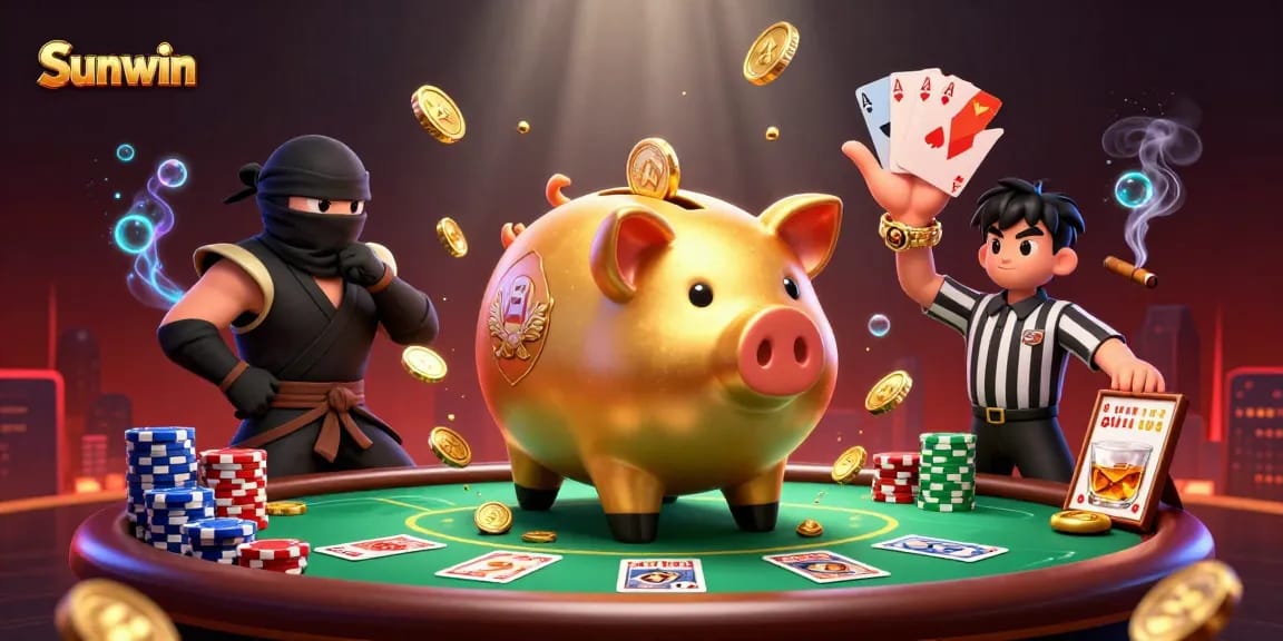 Experience thrilling gameplay with Sunwin as a golden piggy bank sumo wrestler joins a wallet-ninja in a casino showdown.