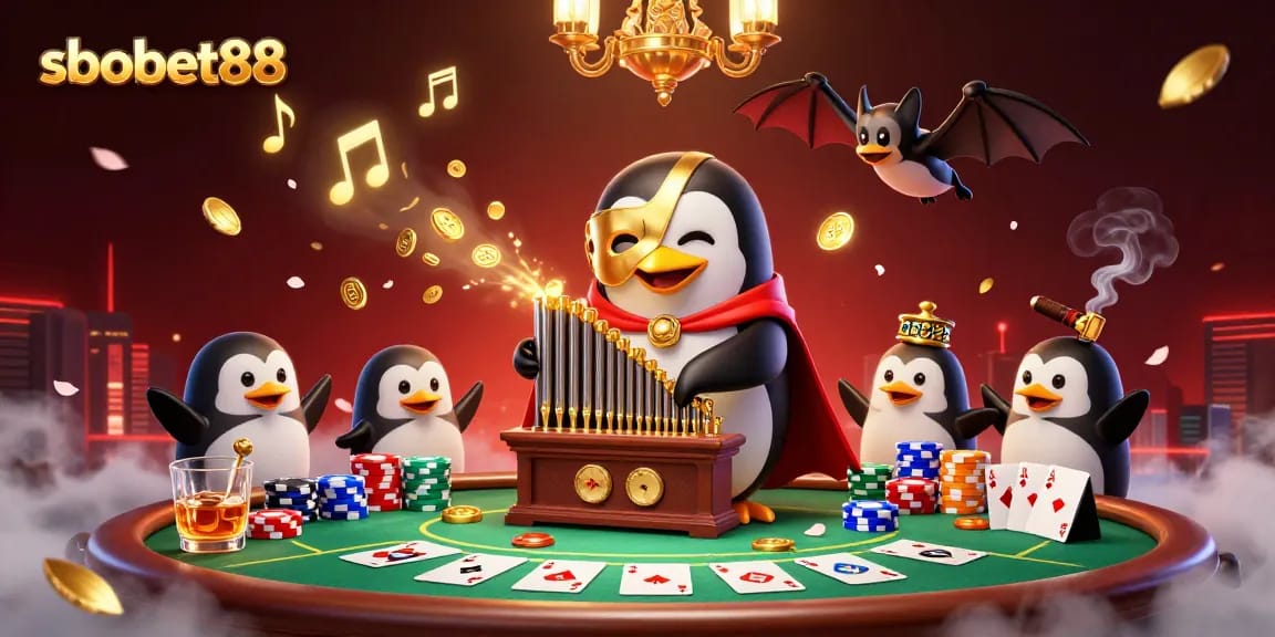 sbobet88 showcases a cartoon penguin playing music while golden coins flow around a festive poker scene.
