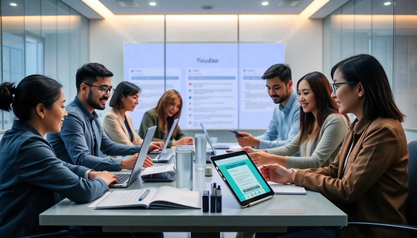 Youdao翻译 technology in a modern digital workspace with diverse professionals collaborating.