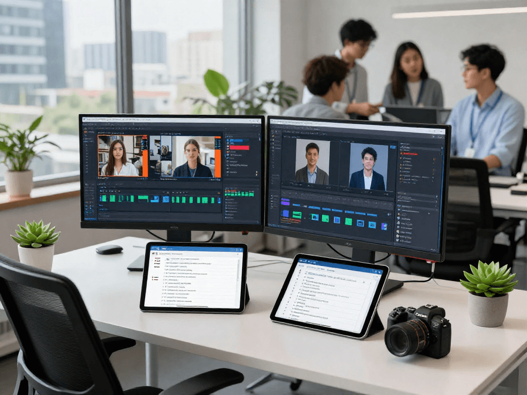 Detect AI image moderation in a tech workspace with dual monitors analyzing flagged images and user feedback.