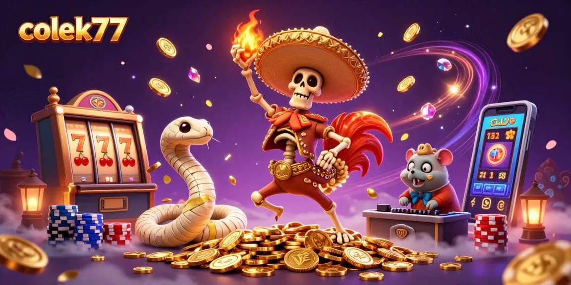 Celebrate wins with colek77 in a vibrant casino scene filled with golden treasures and dynamic slot action.