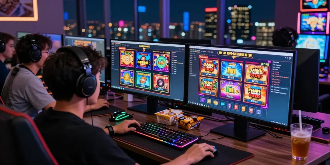 Engaging player immersed in slot gacor game at virtual casino, showcasing vibrant game graphics and interactive chat.