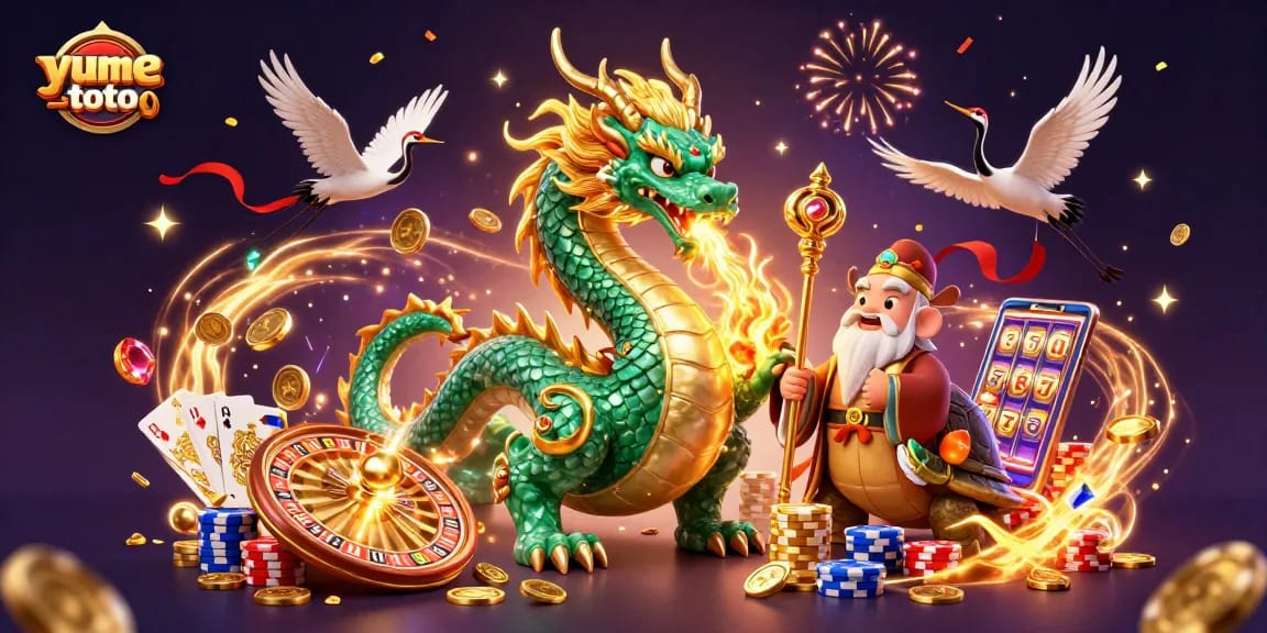 Engage with yumetoto's vibrant casino world, illustrated with a jade dragon, turtle sage, and cranes amidst a dynamic gambling scene.