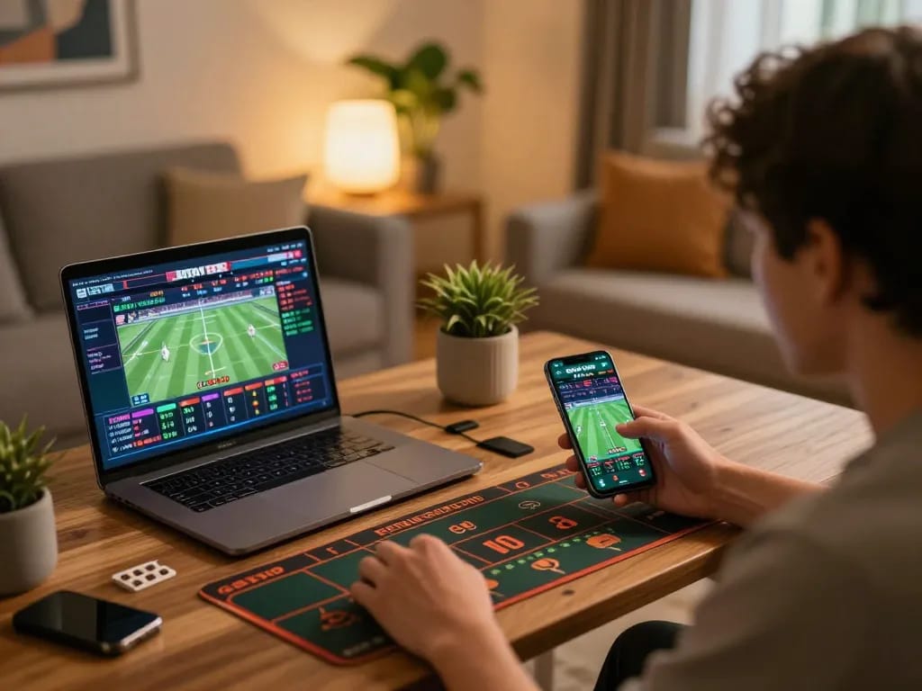 Situs Toto Macau betting action displaying a player using mobile app for sports odds.
