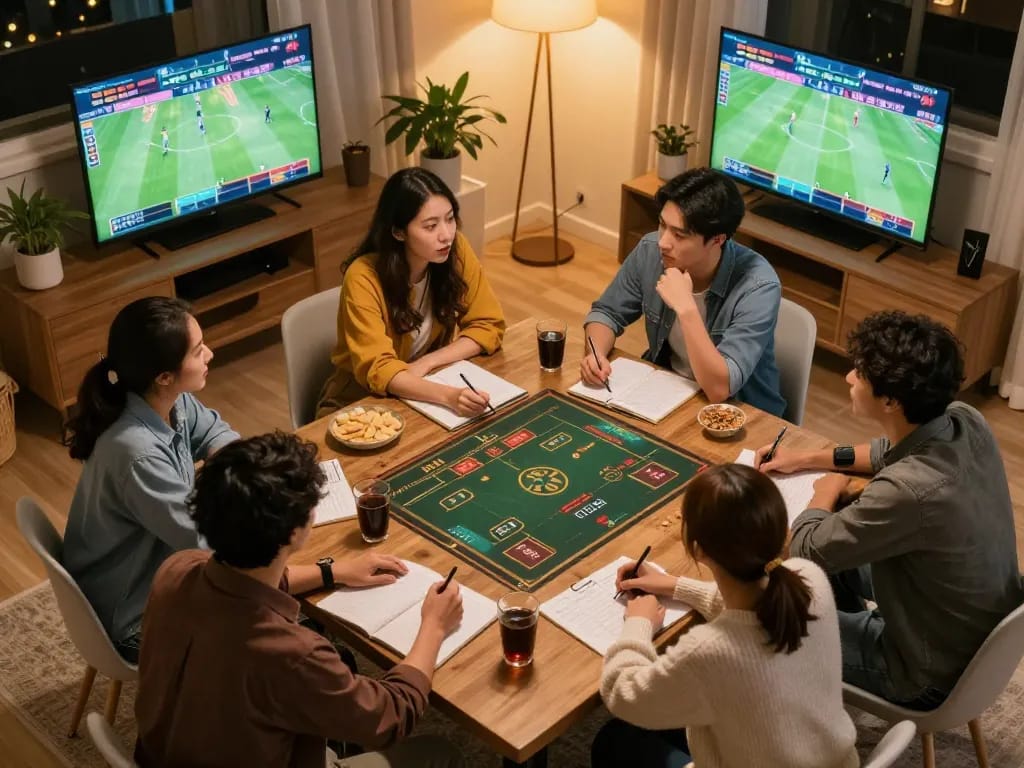 Friends analyzing live sports betting data while using bongdalu for real-time updates, creating an engaging home atmosphere.