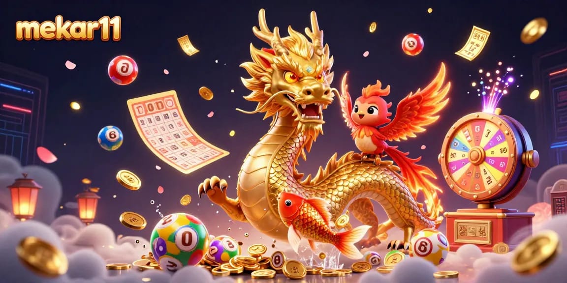 Mekar11 unleashes vibrant luck with a dragon, phoenix, and koi fish in a lively casino scene.
