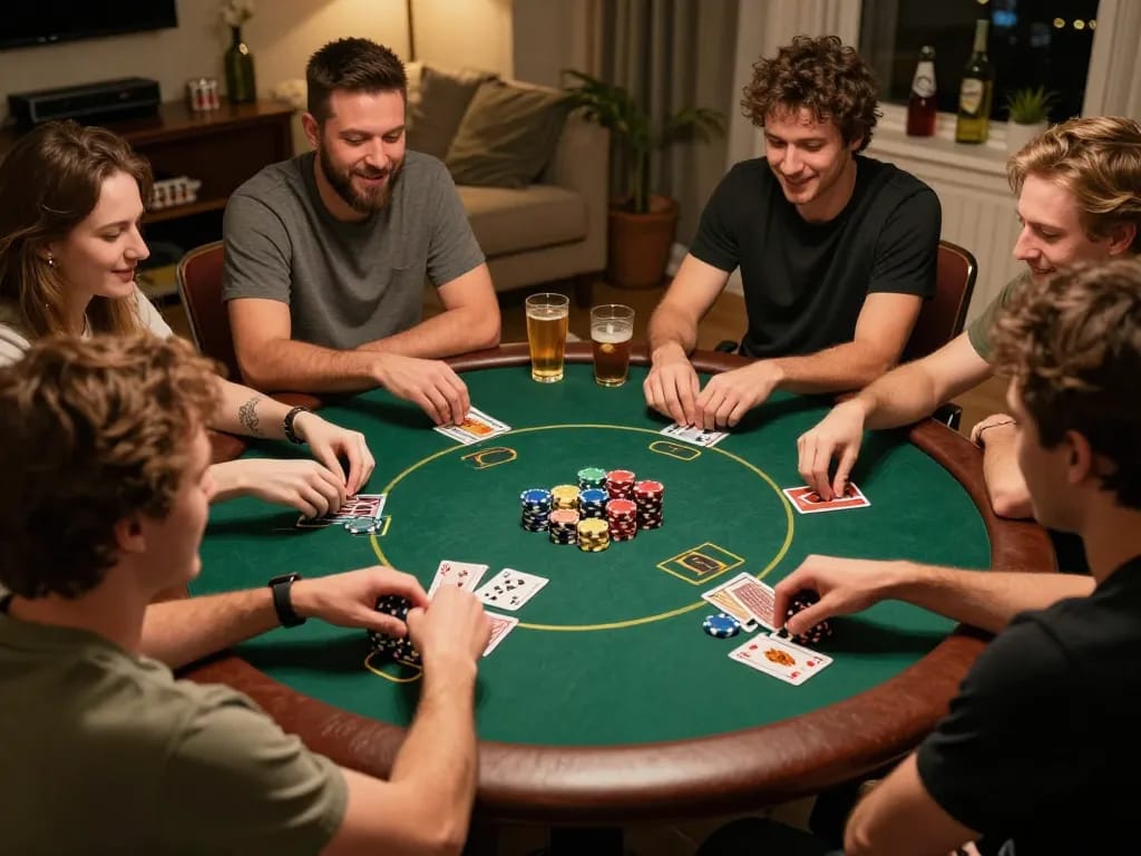 Friends enjoying a lively poker game at home, showcasing the excitement of 789win com in a social atmosphere.