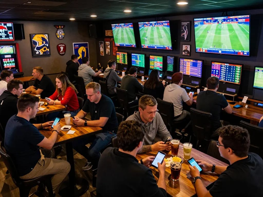 FB88 users enthusiastically placing sports bets in a lively bar atmosphere, showcasing excitement and camaraderie.