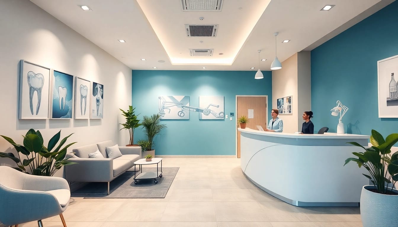 Welcoming reception area of a clinic gigi near me with modern decor and friendly staff.