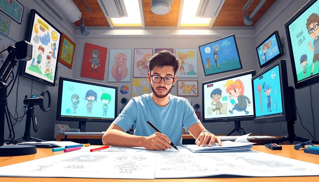 Erstellen von 2D Animation in einem kreativen Studio mit bunten Zeichnungen und Bildschirmen.