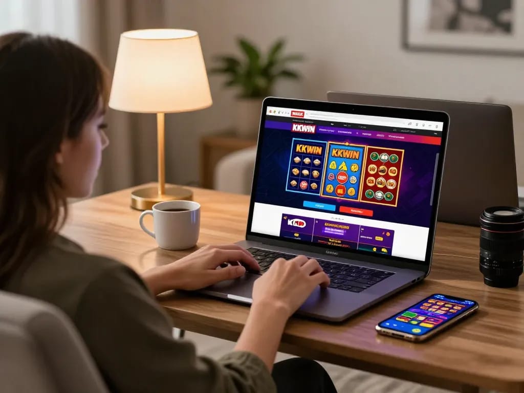 Player enjoying online gaming at KKWIN with vibrant interface on laptop screen