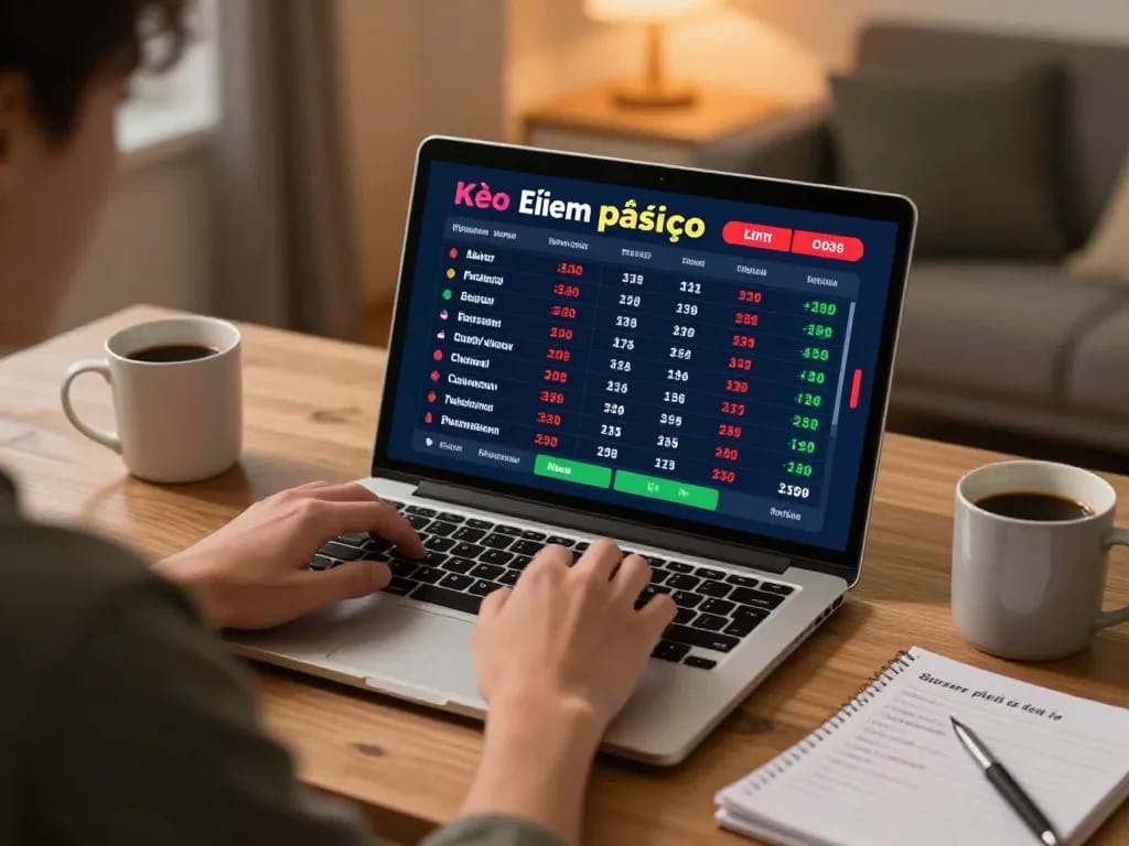Engaging in Kèo nhà cái betting on a laptop while tracking live sports odds.