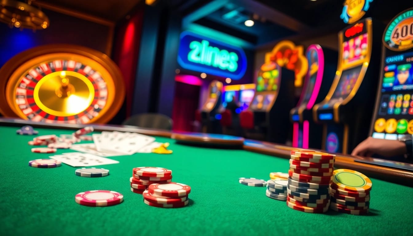 Experience the thrill of gambling at FIVE 88 with vibrant tables, poker chips, and a roulette wheel.