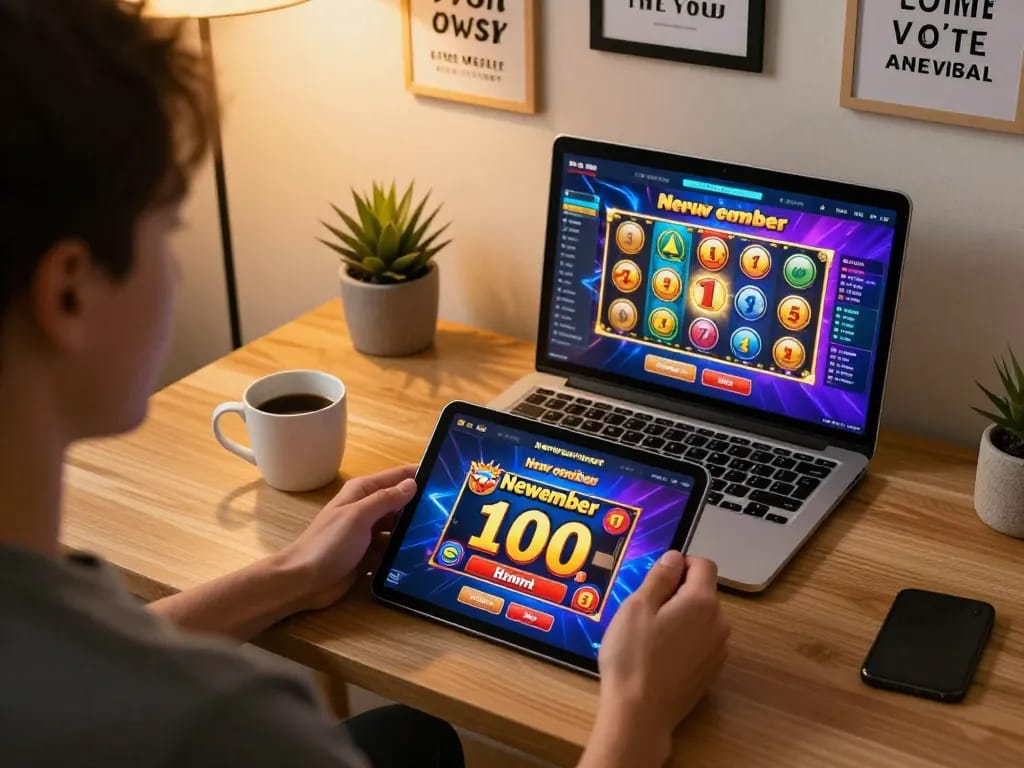 Engaged gamer exploring slot bonus new member 100 promotion on tablet in cozy home office.