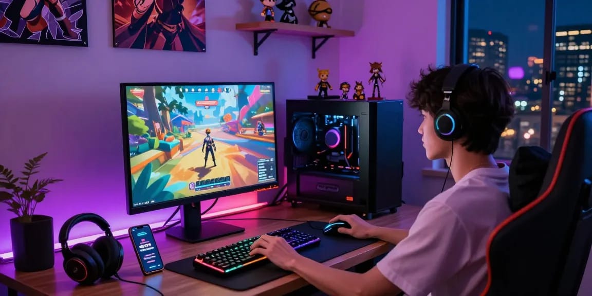 Engaged player enjoying a hentai game on a vibrant gaming setup with colorful LED lights and gaming accessories.