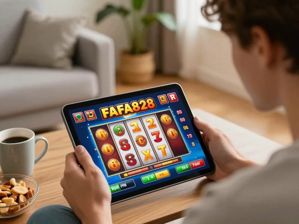 Player engaging with FAFA828's dynamic slot game on a tablet in a cozy living room setting