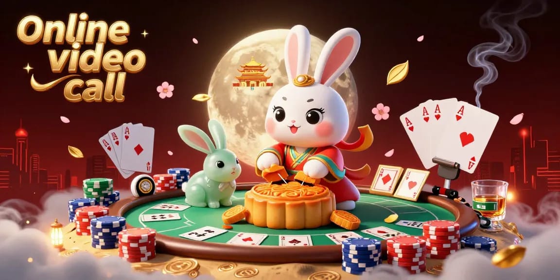 Engage in an online video call with lively characters in a casino-themed illustration packed with poker elements.