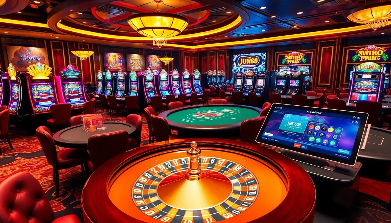Experience the exhilarating thrill of Jun88's vibrant casino environment with players enjoying diverse games.