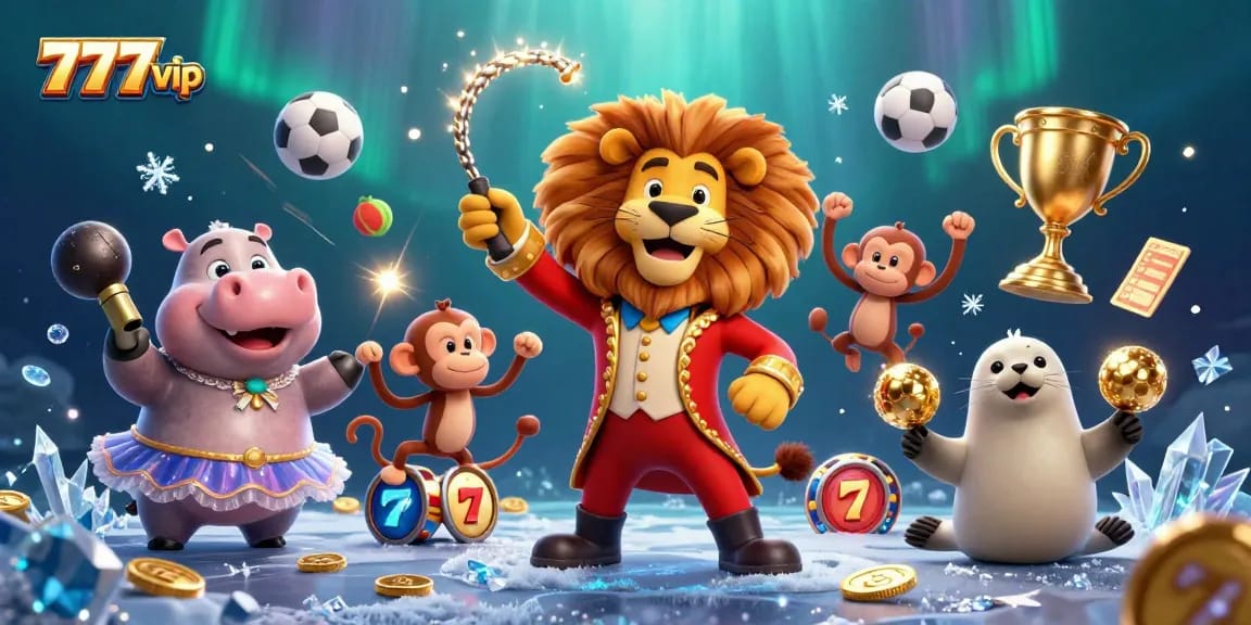 Play exciting games at 777vip with festive casino characters in a rich illustrated scene.