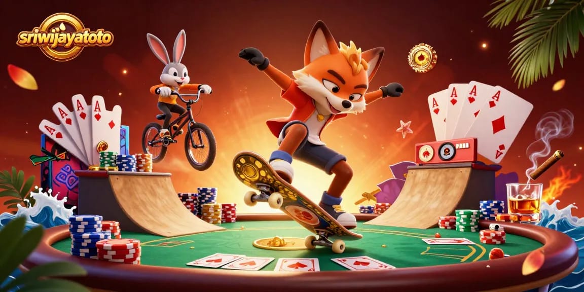 Sriwijayatoto showcases a vibrant 3D scene featuring an energetic skateboarder fox and BMX-riding rabbit in a casino-themed illustration.