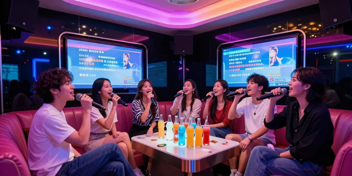 강남가라오케에서 화려한 조명 아래 친구들과 즐거운 시간을 보내는 모습