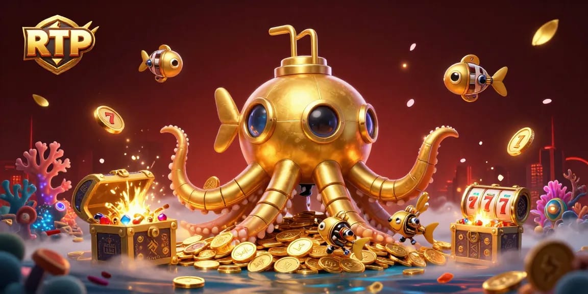 Spin the reels with RTP insights amidst a golden kraken submarine in a dynamic 3D casino scene.