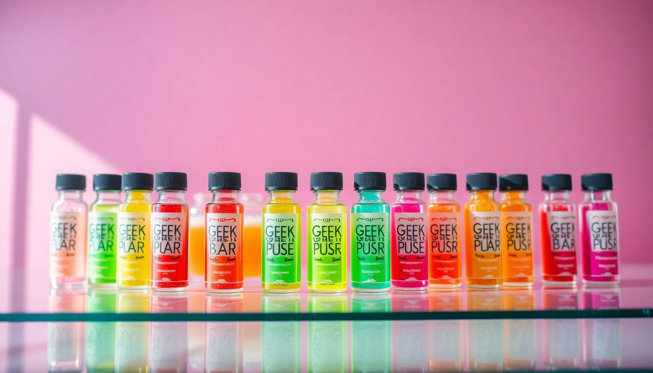 Explore Geek Bar Pulse flavors with a colorful display of vials highlighting unique tastes.