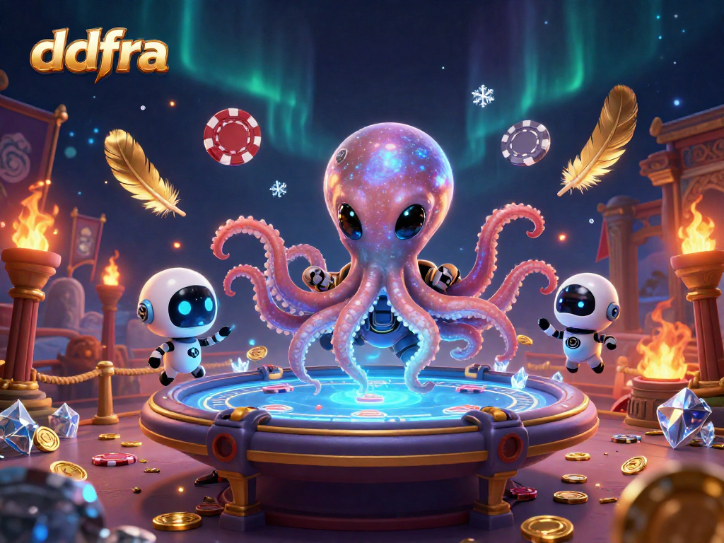 Engage with ddfra’s cosmic poker adventure featuring a colorful alien octopus and robot companion!