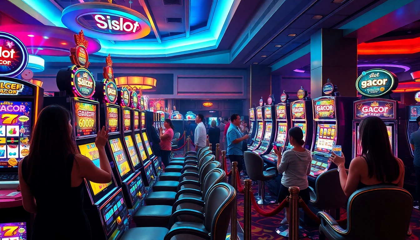 Exciting scene showcasing players engaging with slot gacor machines in a luxurious casino setting.