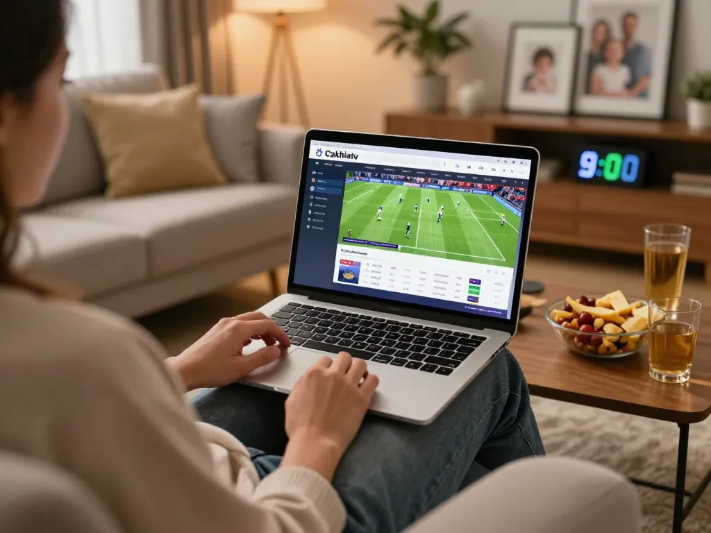 Cakhiatv sports betting experience at home, showing user engaging with live matches on laptop.