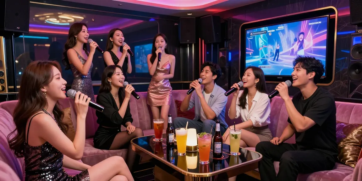강남가라오케에서 친구들과 즐거운 시간을 보내는 모습과 화려한 조명이 어우러진 장면