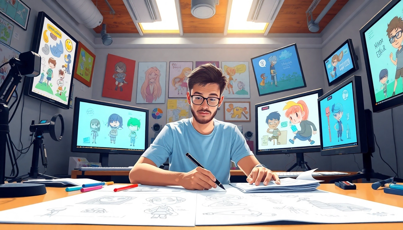 Erstellen von 2D Animation in einem kreativen Studio mit bunten Zeichnungen und Bildschirmen.