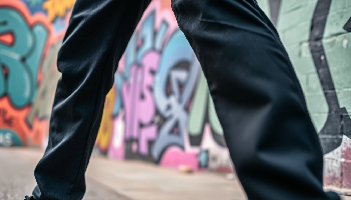 Model stylishly wearing baggy black jeans against a colorful street graffiti backdrop.