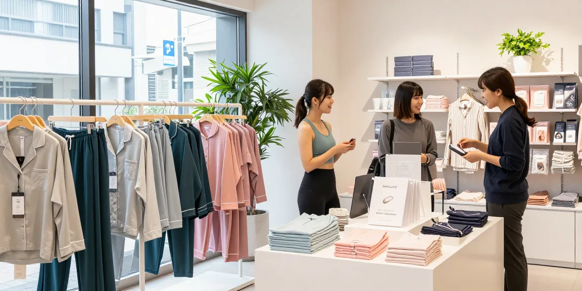 現代的な都市の店舗で活気あるディスプレイの中、バクネ店舗神奈川の回復ウェアをショッピング中。
