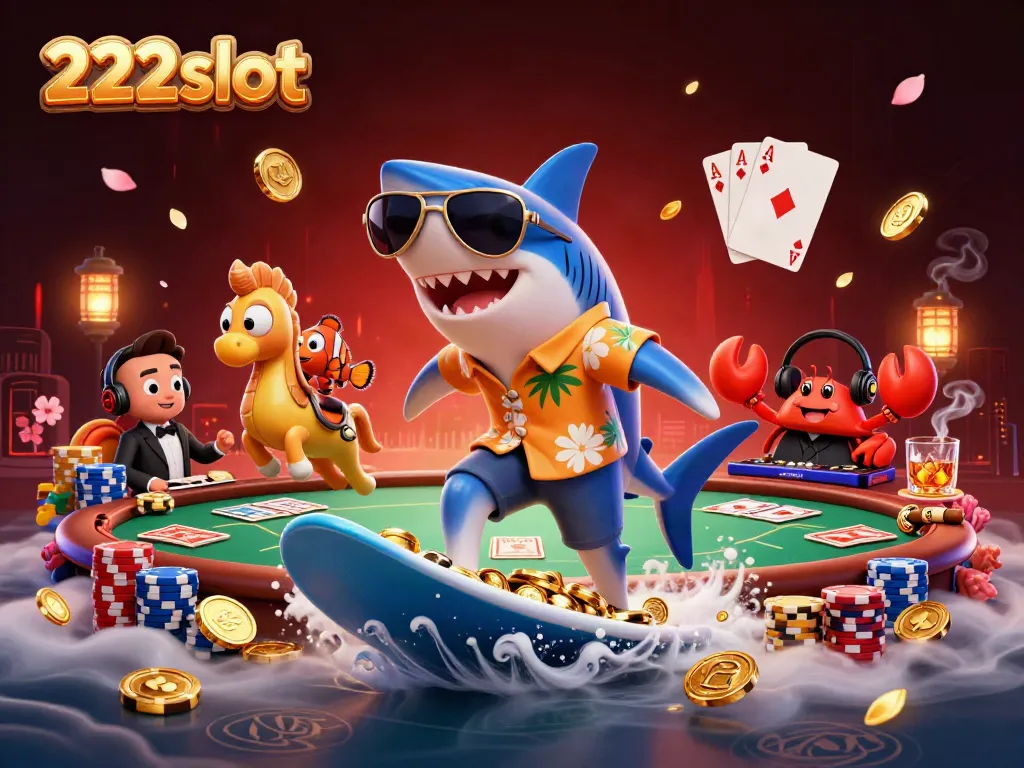 Permainan seru 222slot dengan hiu kartun dan karakter unik di atas tumpukan koin emas.