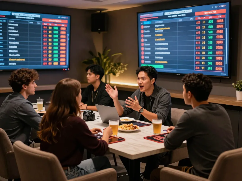Experience the excitement of strategic gaming at link rr88 with friends in a modern sports betting lounge.