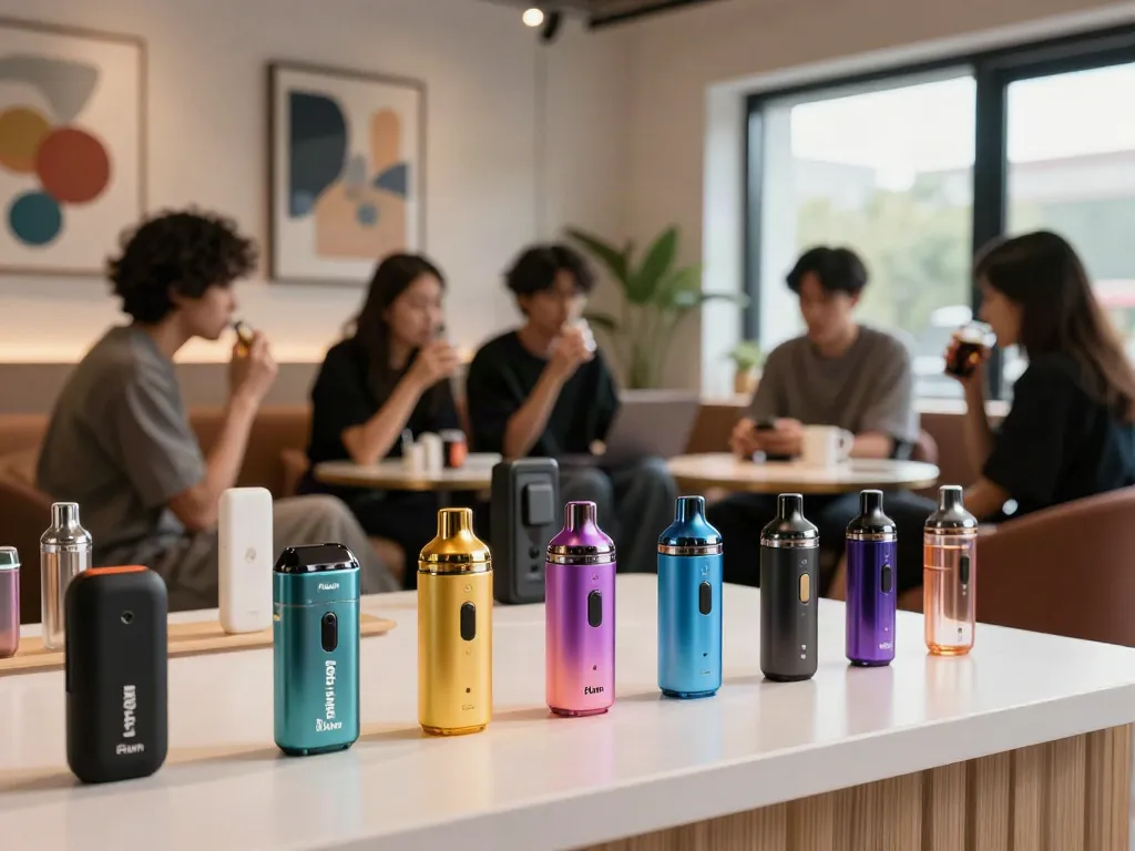 Flum vape products displayed in a chic vape lounge with vibrant colors and ambient lighting.