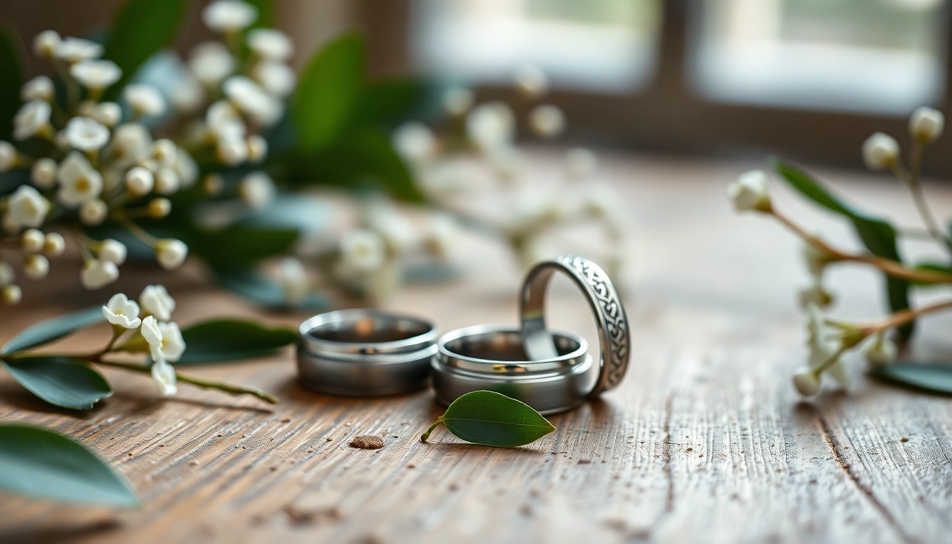Showcasing elegant mens wedding rings with intricate designs on a wooden table, highlighting their beauty.