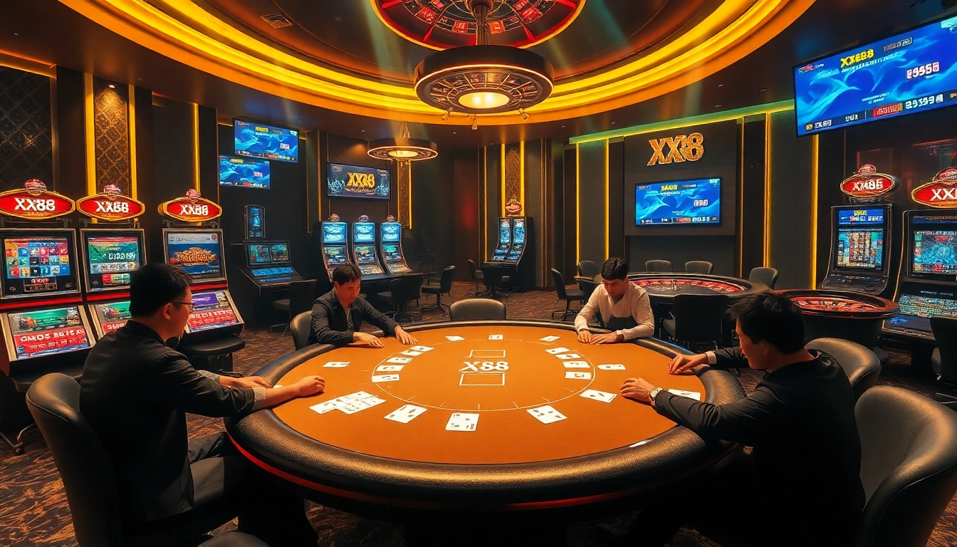 Players enjoying a high-stakes game at the XX88 casino table with vibrant designs and layout.