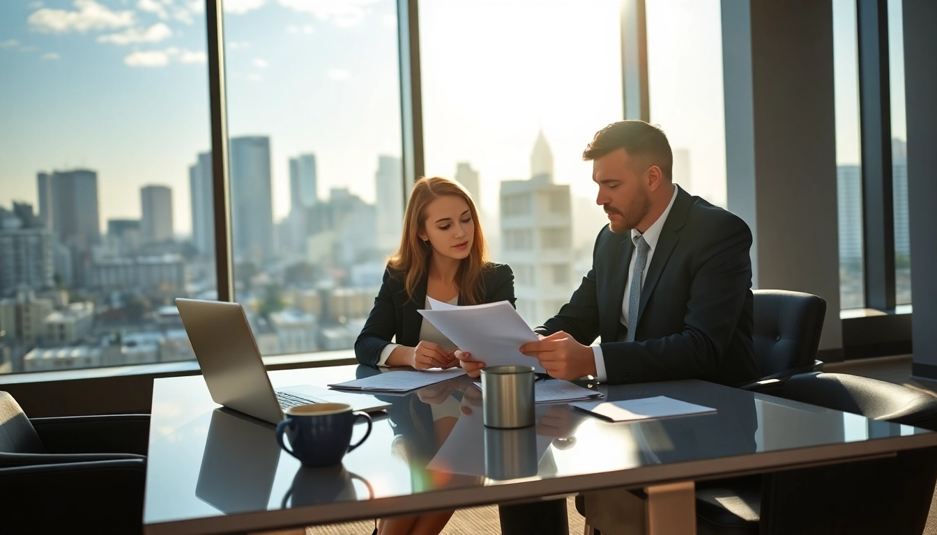 Couple reviewing Family Law Financial Agreements documents in a bright office setting.