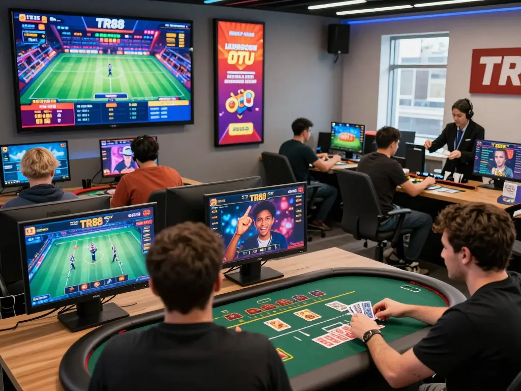 Engaging TR88 online gaming scene showcasing diverse players enjoying sports betting, casino games, and card games in a vibrant digital environment.