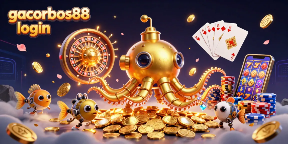 Spin and win with gacorbos88 login, featuring a golden kraken submarine surrounded by coins and poker elements.