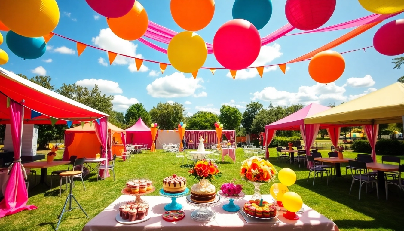 Party Rentals Near Me showcase vibrant tents and decorations in a festive outdoor setting.