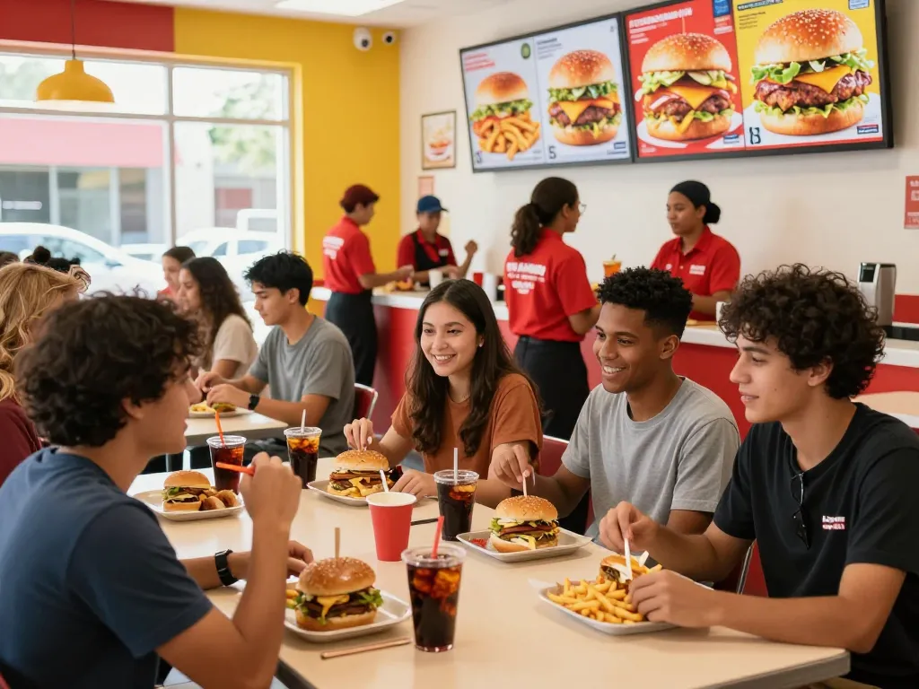 Friends gathered around a table with vibrant fast food menu items.